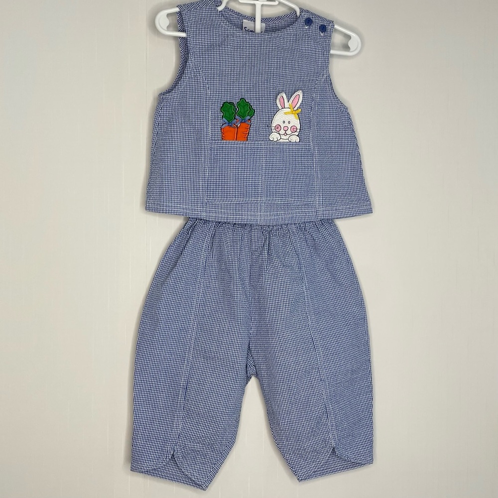 Vintage Samara Girls Bunny Seersucker Outfit Blue White S 24 Months - Picture 1 of 15